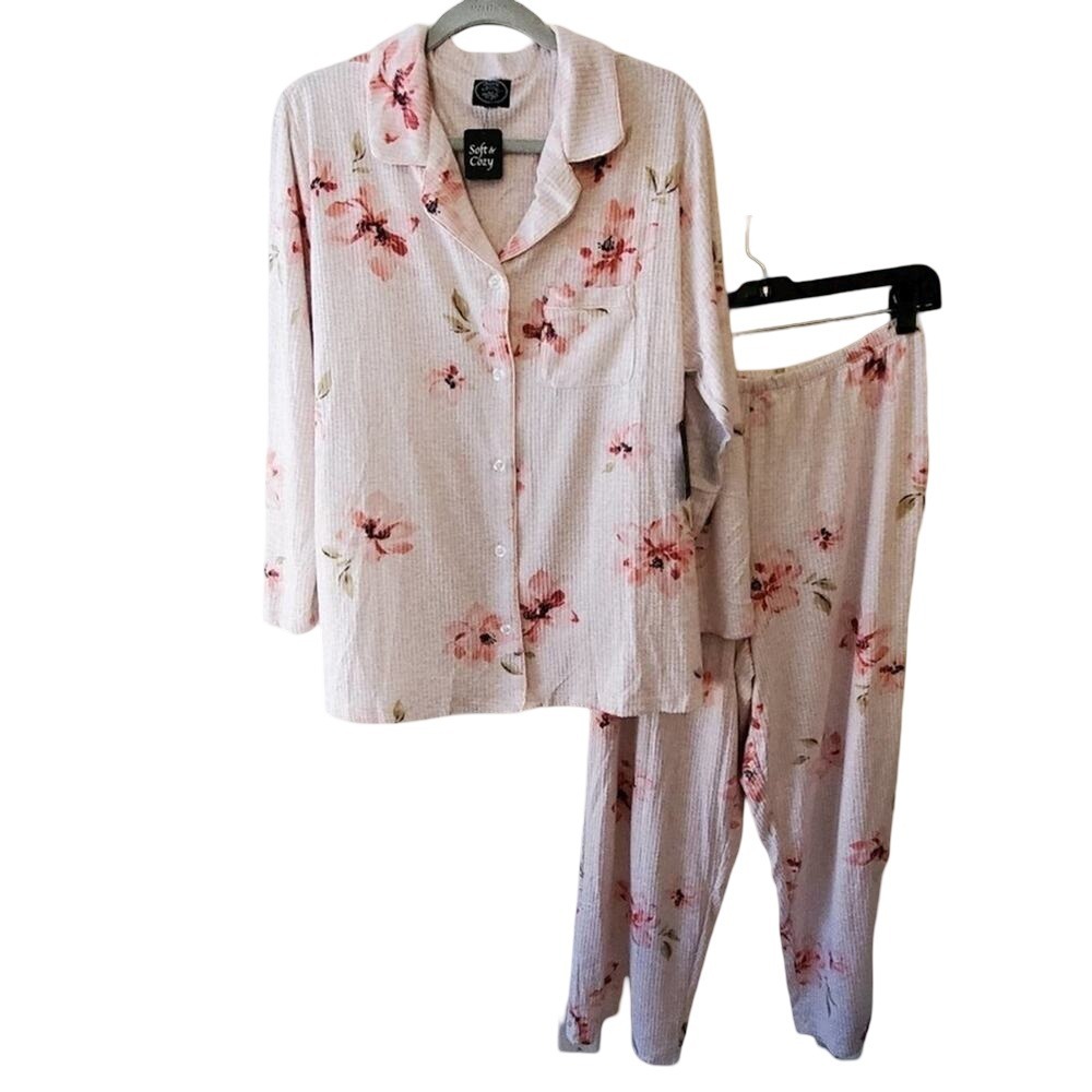 Laura Ashley Women's Pajama Set 3X‎ Oatmeal Floral Long Sleeve Top Pants
